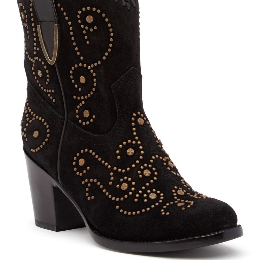 Frye VICTORIA Luxe Studs Italian Suede Leather Boots NEW Black Women's 9.5 ๐HP - Picture 3 of 13